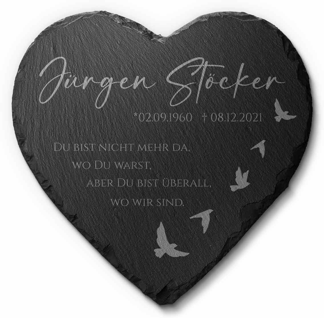 Personalisierte Grabplatte Herz aus Schiefer – wetterfester Grabschmuck 20x20 cm