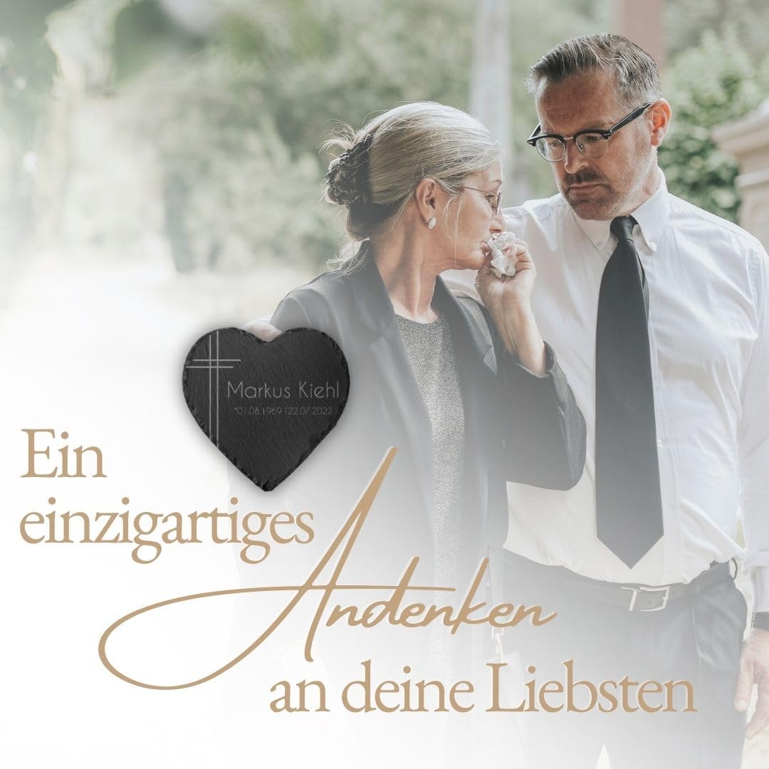 Personalisierte Grabplatte Herz aus Schiefer – wetterfester Grabschmuck 20x20 cm