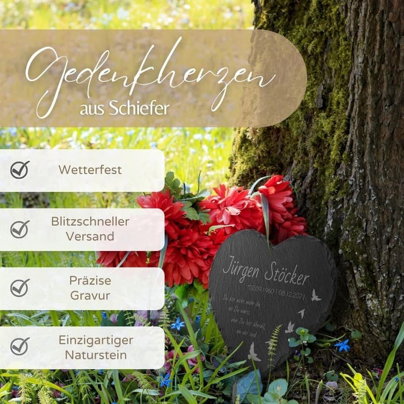 Personalisierte Grabplatte Herz aus Schiefer – wetterfester Grabschmuck 20x20 cm