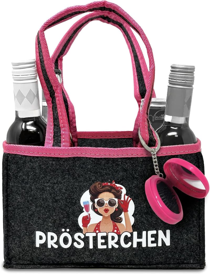 Witzige Filz-Handtasche für 6 Flaschen - inklusive Spiegel - JGA, Geburtstag
