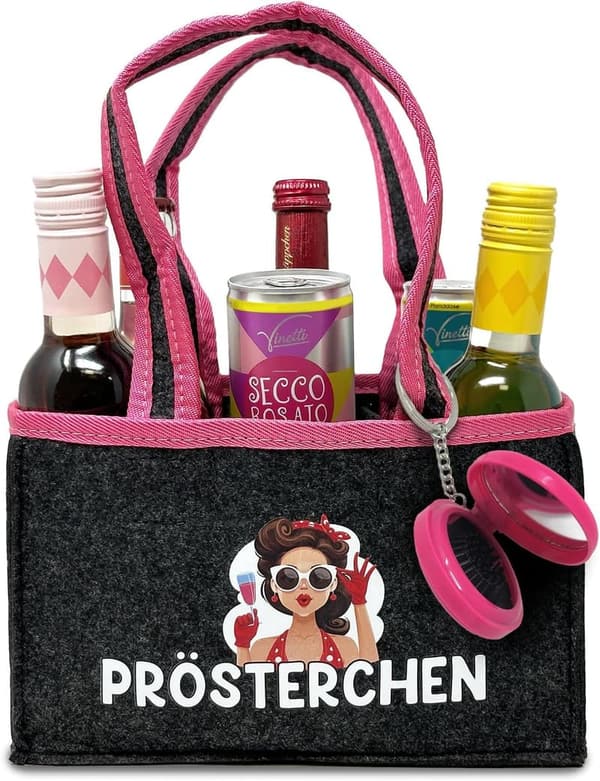 Witzige Filz-Handtasche für 6 Flaschen - inklusive Spiegel - JGA, Geburtstag