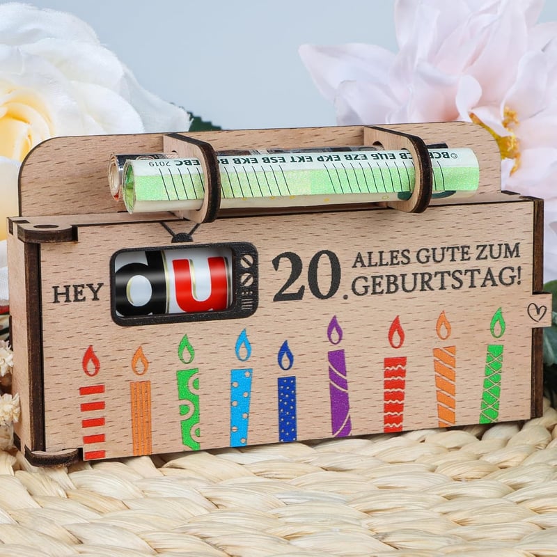 Originelle Geschenkbox zum 20. Geburtstag aus Holz für Geldgeschenke