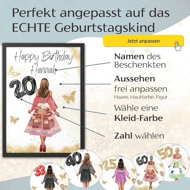 Geldgeschenk zum 20. Geburtstag mit Bilderrahmen für Frauen