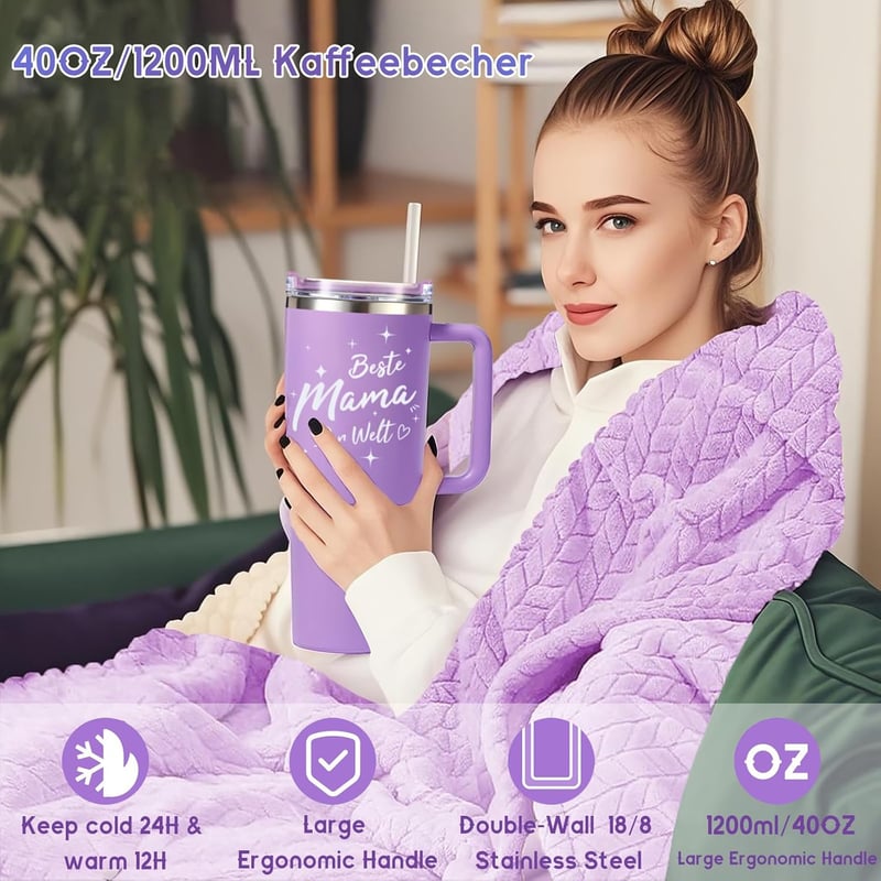 Muttertagsgeschenkset für Mama: 40OZ Kaffeebecher & Kuscheldecke