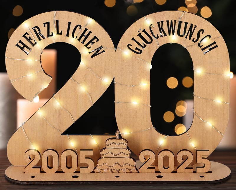 Personalisierbares Holzschild für den 20. Geburtstag mit LED-Lichterkette