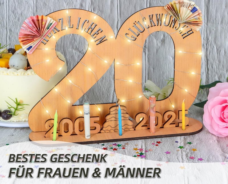 Personalisierbares Holzschild für den 20. Geburtstag mit LED-Lichterkette