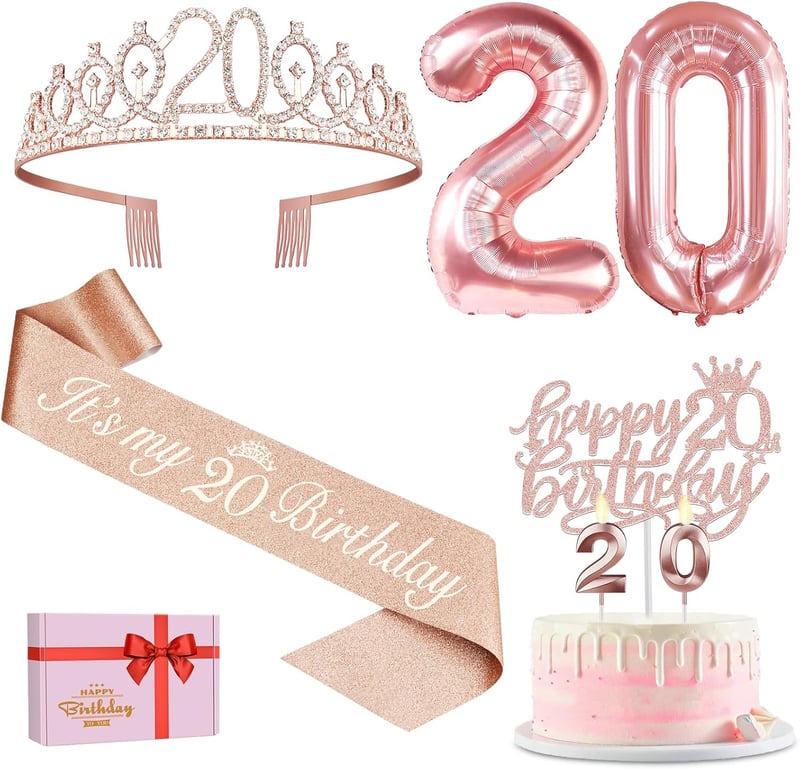 20. Geburtstag Deko für Mädchen - Schärpe, Krone & Roségold Luftballons
