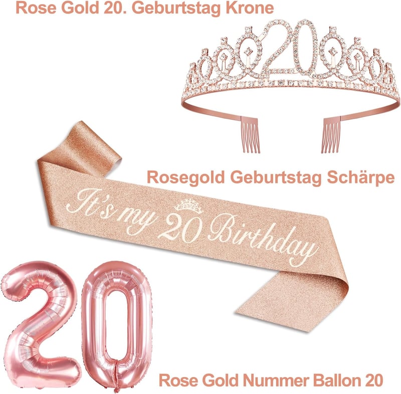 20. Geburtstag Deko für Mädchen - Schärpe, Krone & Roségold Luftballons