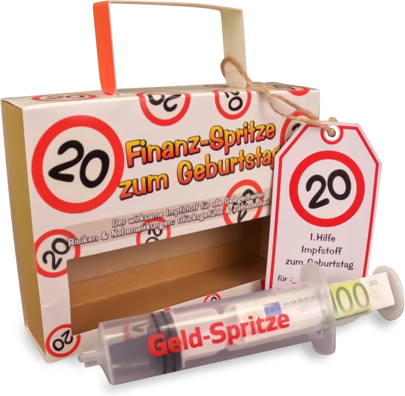 Originelles Geschenk zur 20. Geburtstag Geldspritze mit Verkehrszeichen rot/weiß