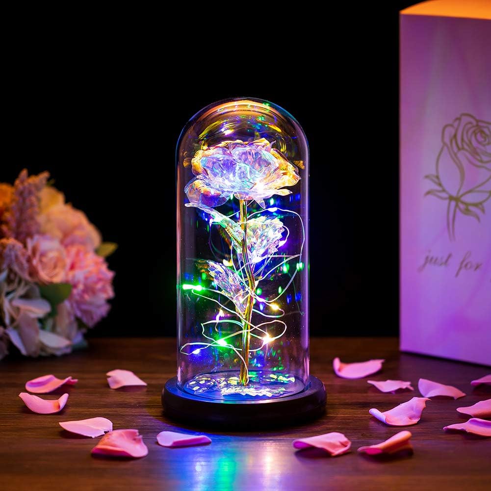 Rose in Glaskuppel mit LED - Geschenk für Frauen zum Geburtstag, Jubiläum, Valentinstag
