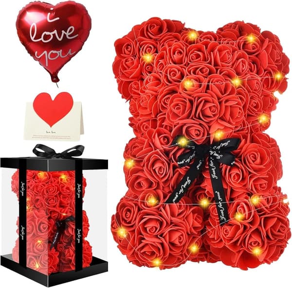 Handgemachter Rosenbär mit Geschenkbox und LED – Muttertagsgeschenk