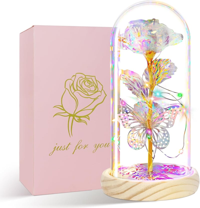Bunte Rose in Glaskuppel – Valentinstagsgeschenk für Frauen