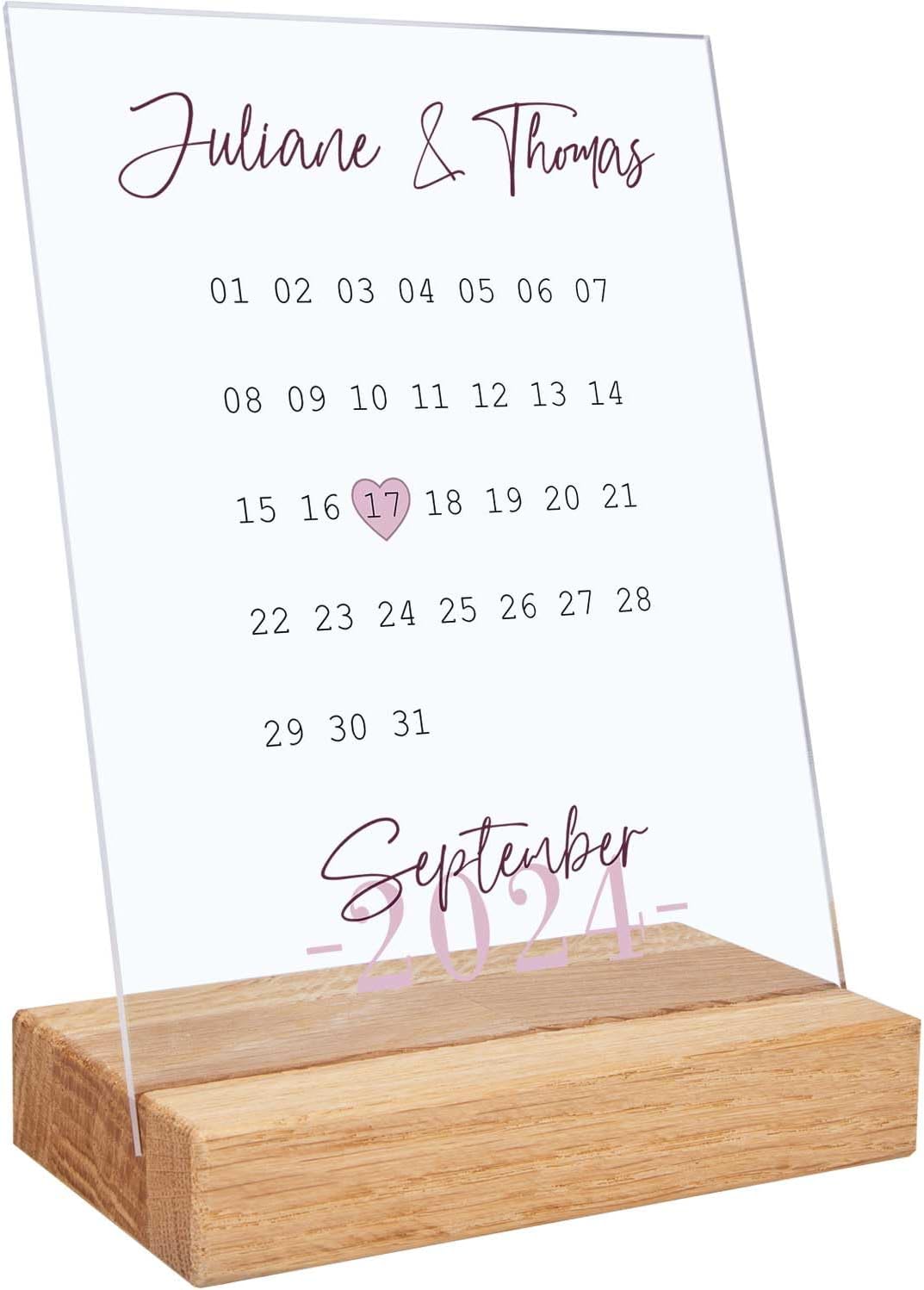 Personalisierter Jahrestagskalender aus Acrylglas 20x15cm für Paare