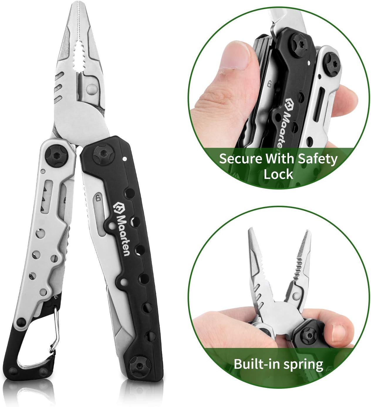 Multitool für Männer aus Edelstahl, 11 in 1 mit Karabiner und Sicherheitsschloss
