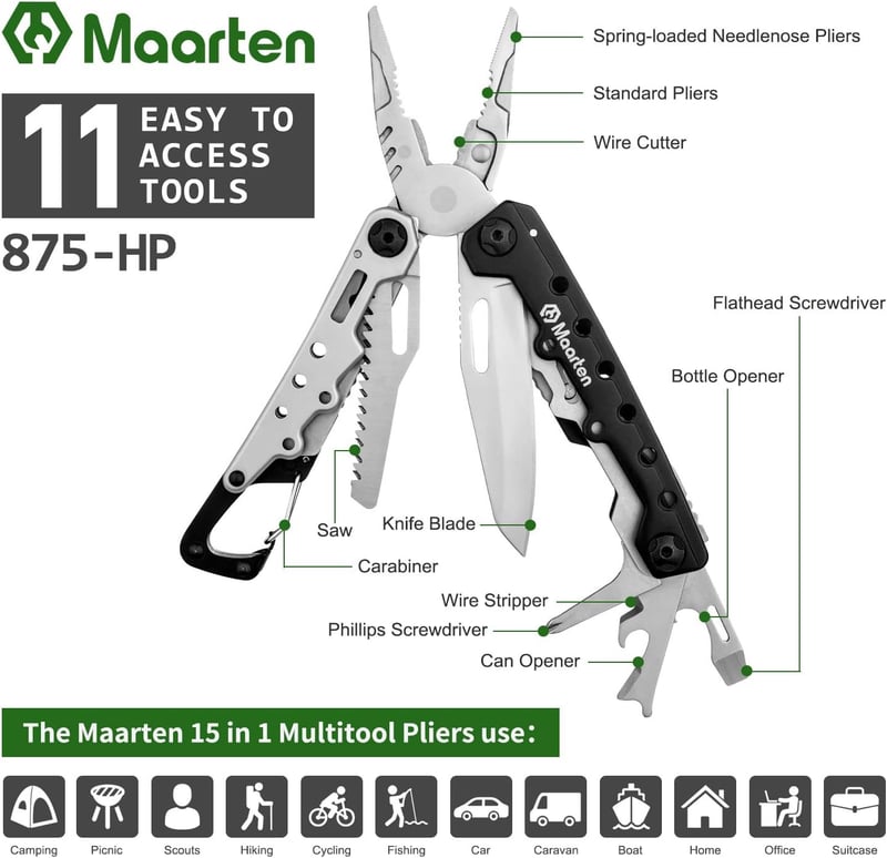 Multitool für Männer aus Edelstahl, 11 in 1 mit Karabiner und Sicherheitsschloss