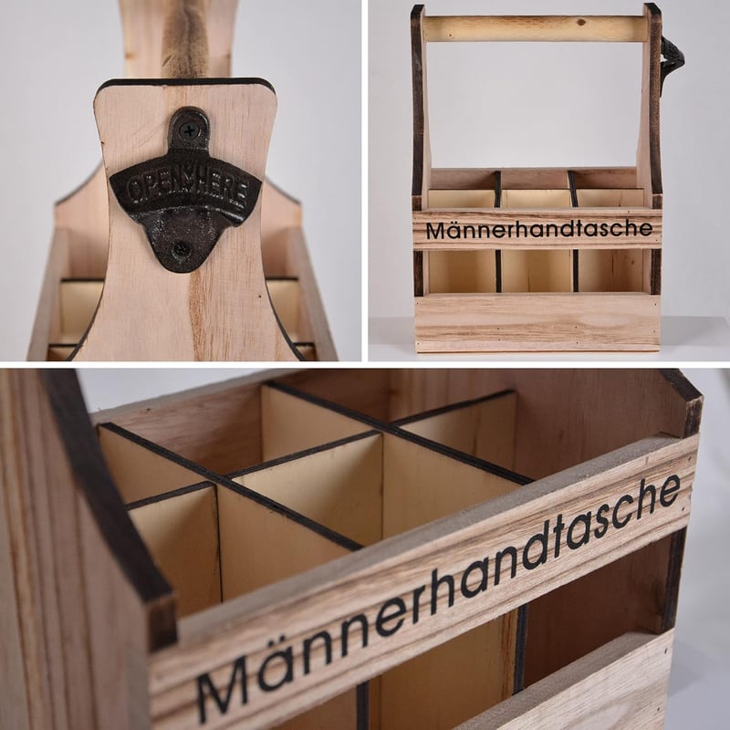 Männerhandtasche aus Holz für 6 Flaschen mit Flaschenöffner