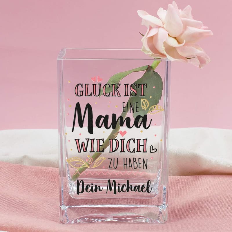 Moderne Glasvase mit Kompliment für Mama – Perfektes Muttertagsgeschenk