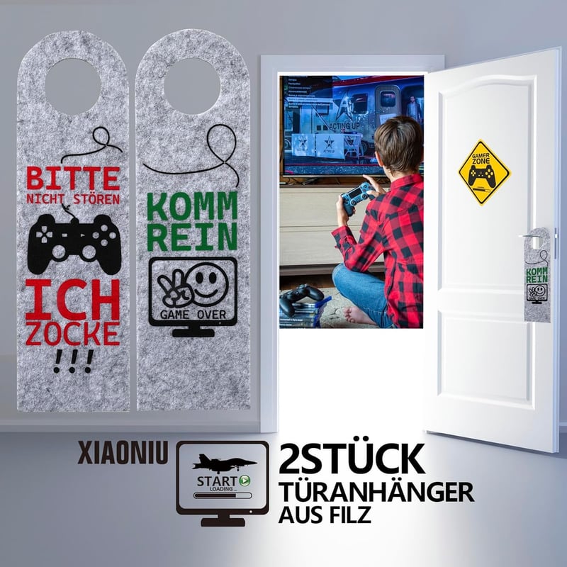 Zocker Geschenke: 2er Set Türanhänger aus Filz für Gamer (grau)