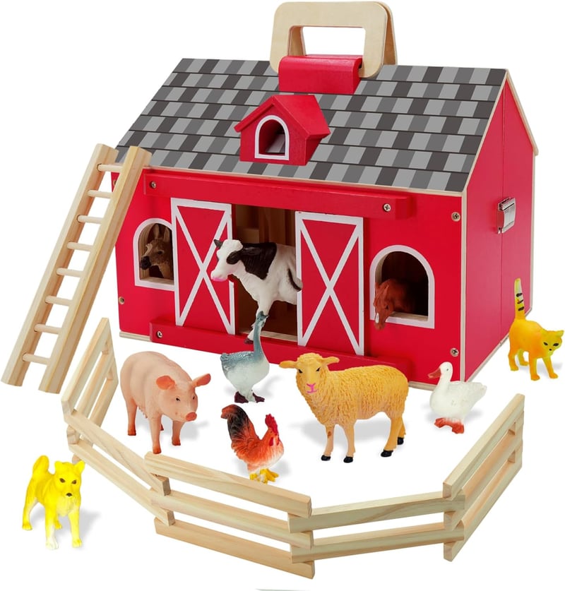 Bauernhof Tier Spielzeugset mit Holzscheune und 10 Figuren für Kinder 3+
