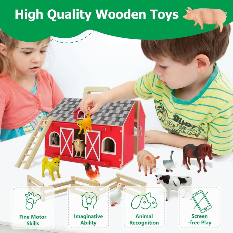 Bauernhof Tier Spielzeugset mit Holzscheune und 10 Figuren für Kinder 3+