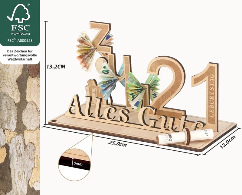 Holzscheine für Geldgeschenke zum 21. Geburtstag für Paare