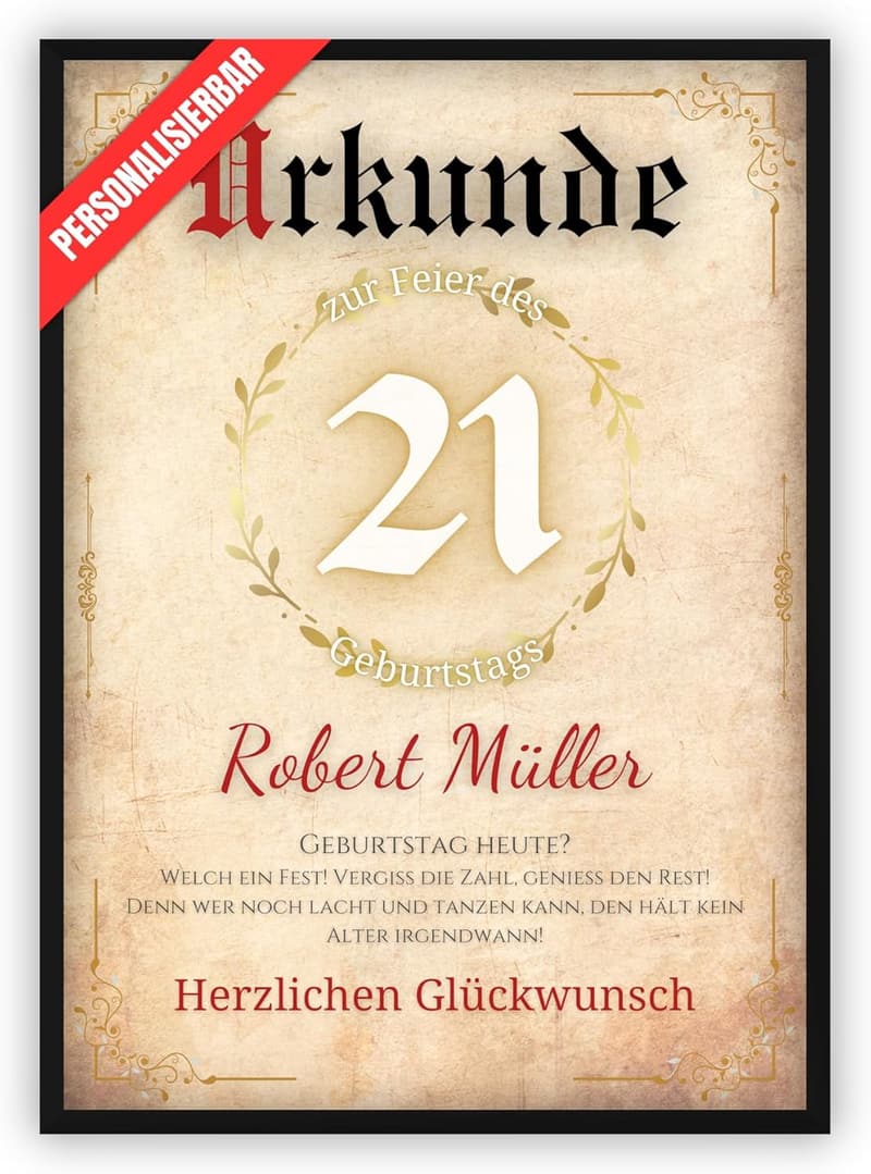 Personalisierte Geburtstagsurkunde zum 21. Geburtstag für Paare
