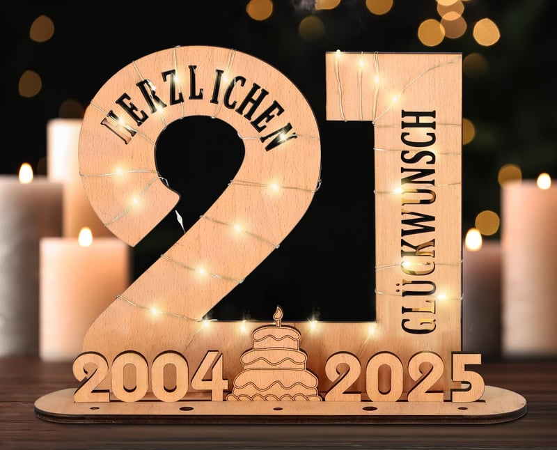 Personalisierbares Holzschild für den 21. Geburtstag mit LED-Lichterkette