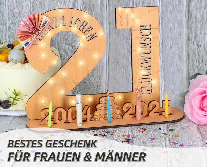 Personalisierbares Holzschild für den 21. Geburtstag mit LED-Lichterkette