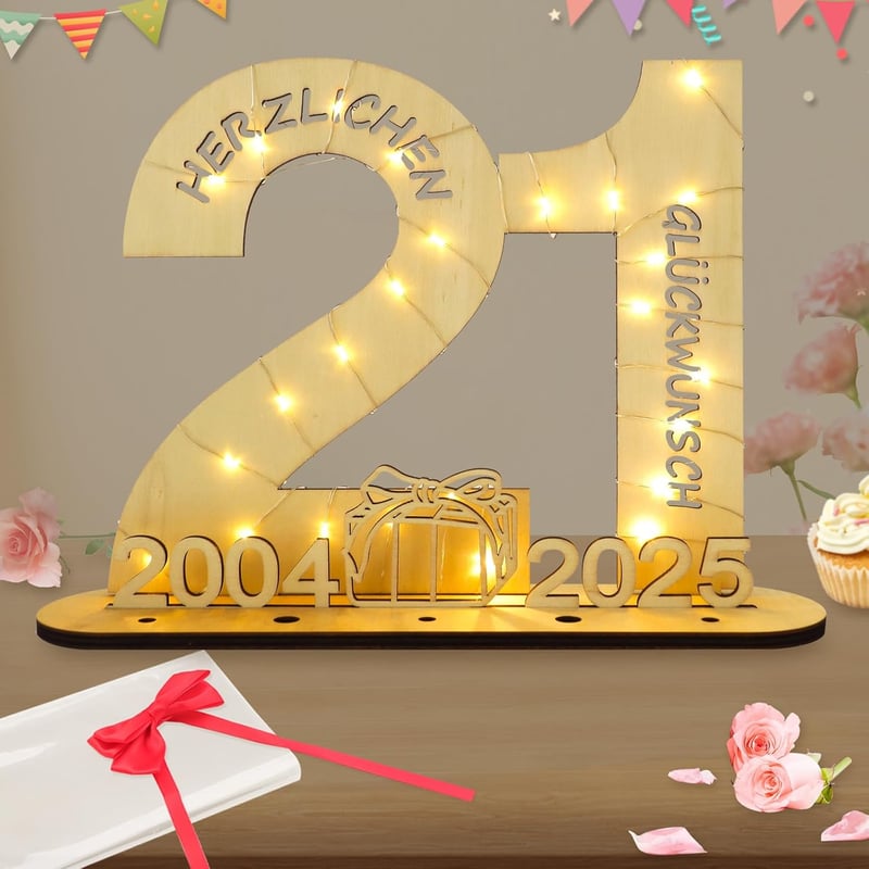 21. Geburtstag Holzschild mit LED-Lichterkette für Jubiläumsdeko