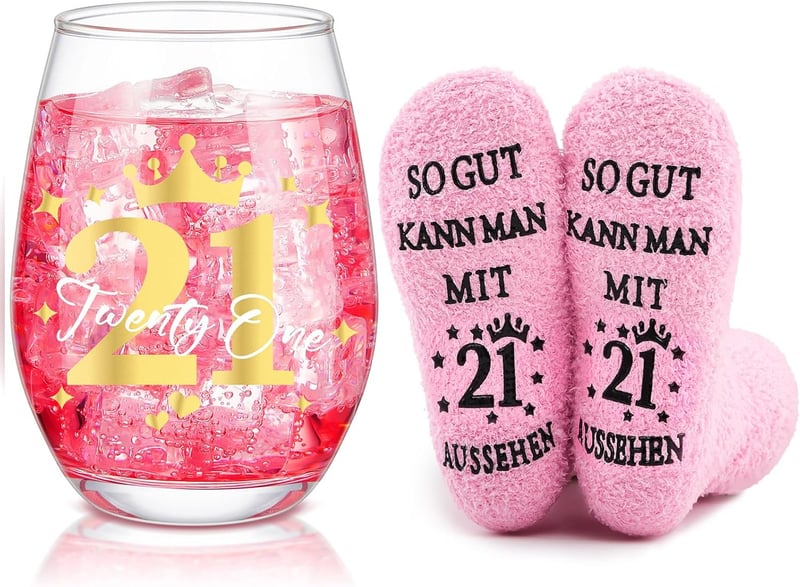 Lustiges Geschenkset zum 21. Geburtstag für Frauen – Rotweingläser & Socken
