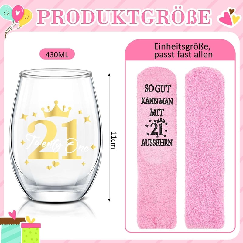 Lustiges 21. Geburtstag Geschenkset für Frauen – Rotweingläser & Socken