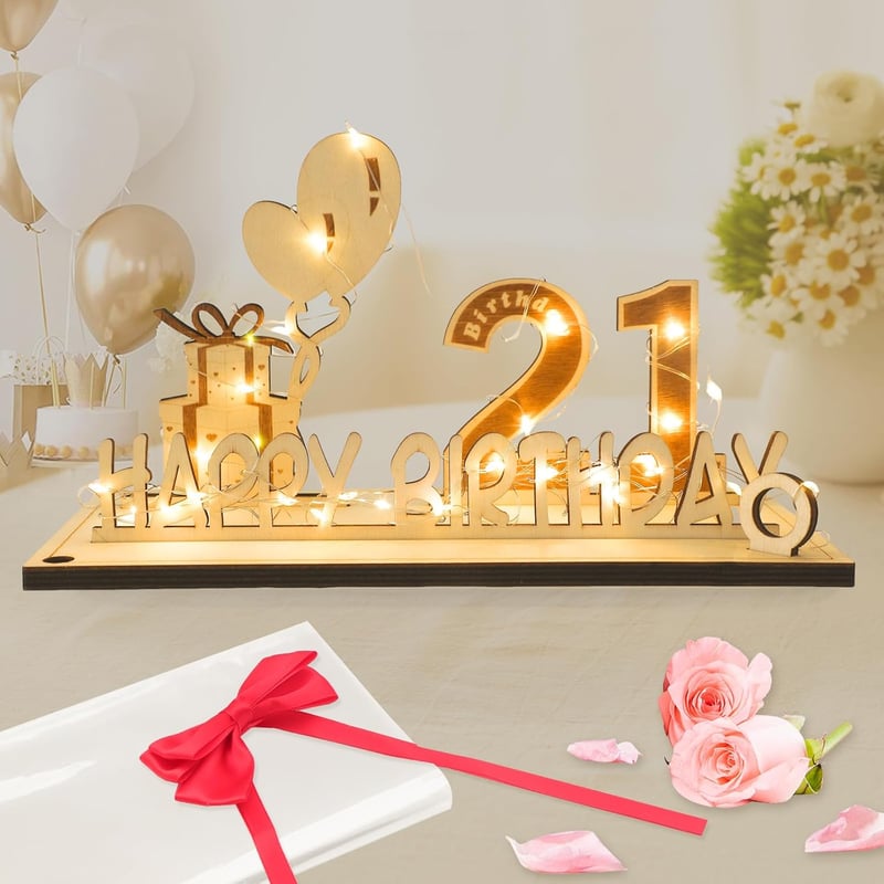 21. Geburtstag Dekoration mit LED-Lichterkette und Holzschild