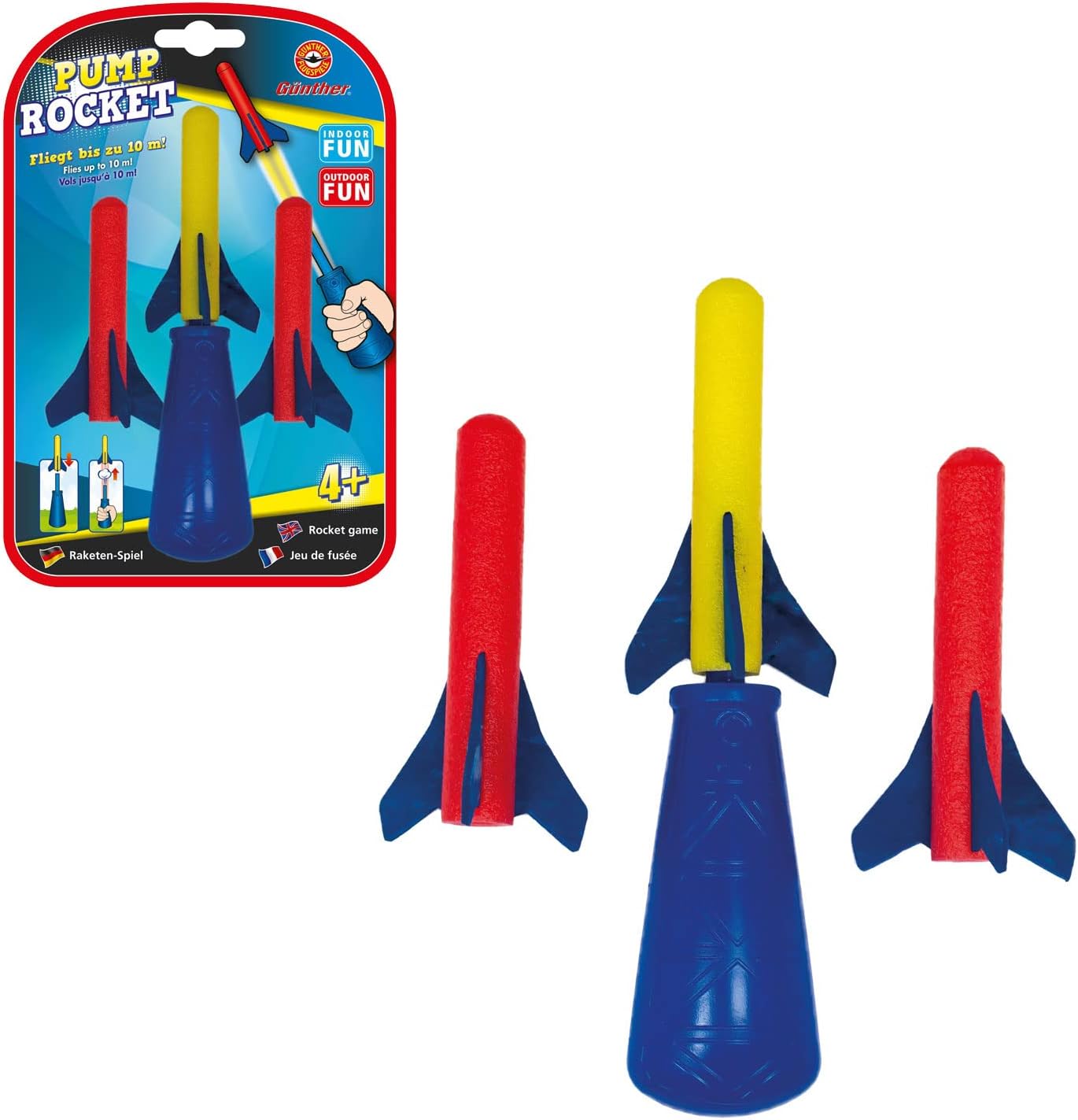 Raketenspiel Pump Rocket für Kinder ab 4 Jahren, 3 Schaumstoff-Raketen, 10 m Reichweite
