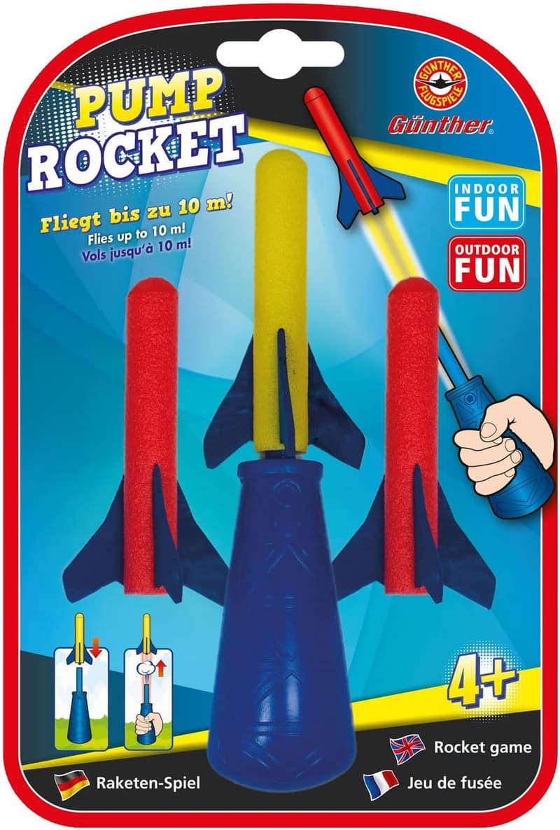 Raketenspiel Pump Rocket für Kinder ab 4 Jahren, 3 Schaumstoff-Raketen, 10 m Reichweite