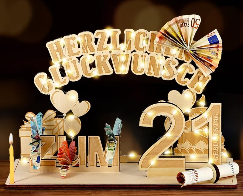 21. Geburtstag Geldgeschenke aus Holz mit LED-Lichterkette