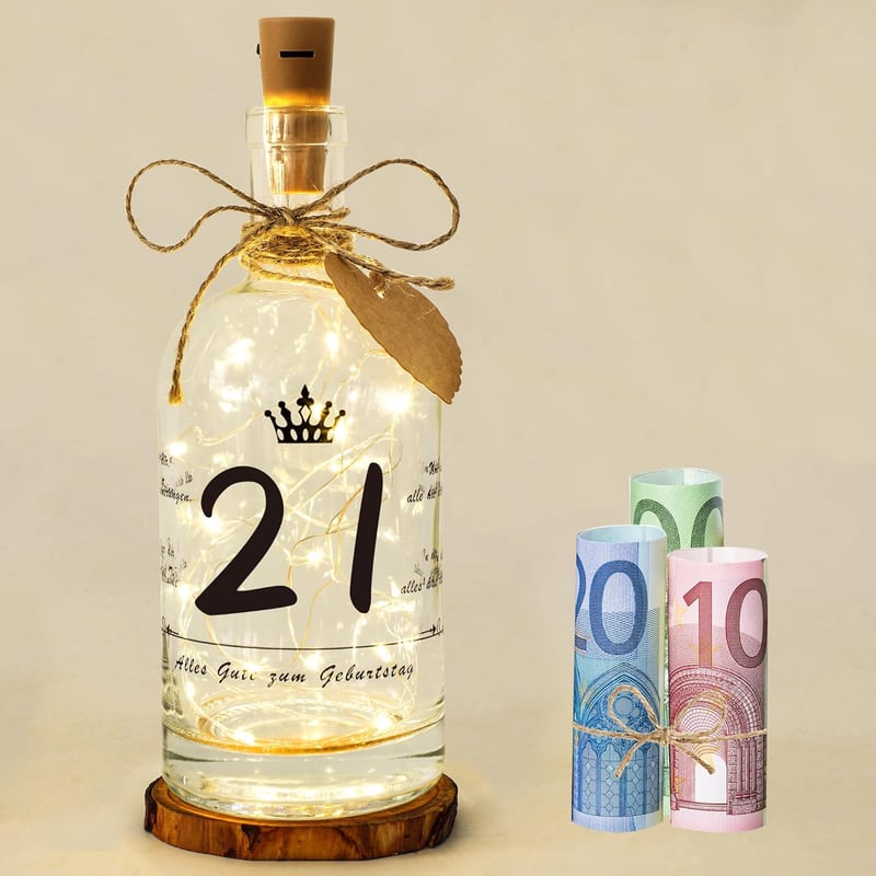 Personalisierte LED-Flasche mit Spruch zum 21. Geburtstag für Mädchen