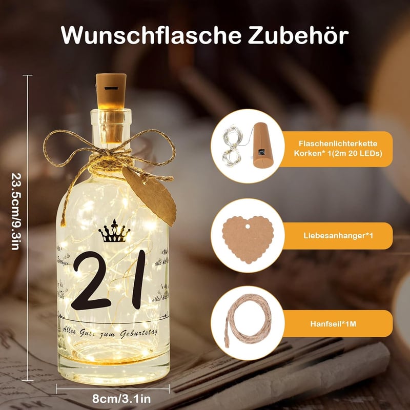 Personalisierte LED-Flasche mit Spruch zum 21. Geburtstag für Mädchen