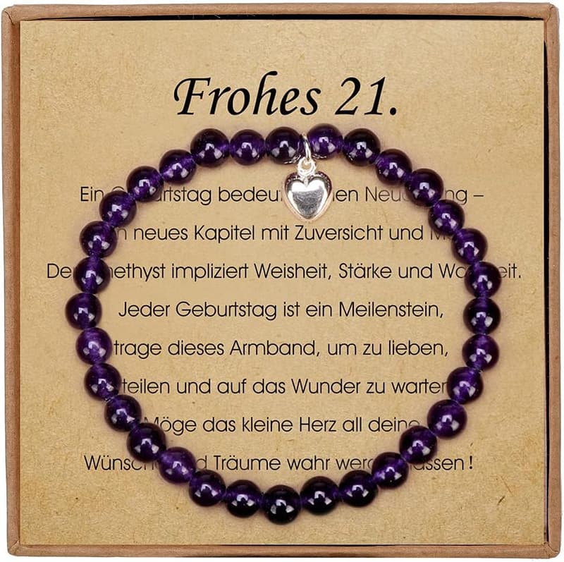 Amethyst-Armband mit Herzanhänger aus Sterlingsilber für Mädchen zum 21. Geburtstag