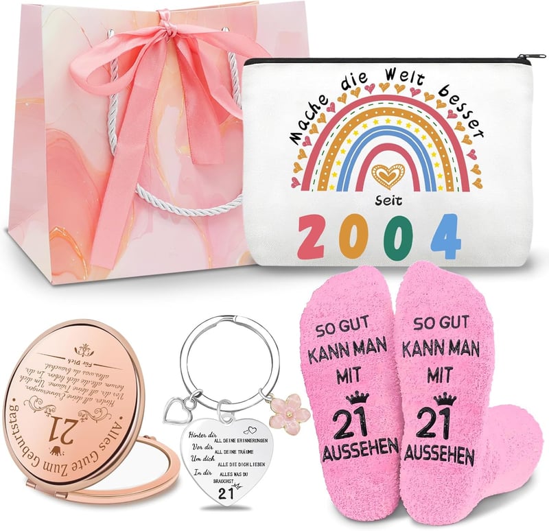 21. Geburtstag Geschenkset für Frauen mit Kosmetiktasche und Schlüsselanhänger