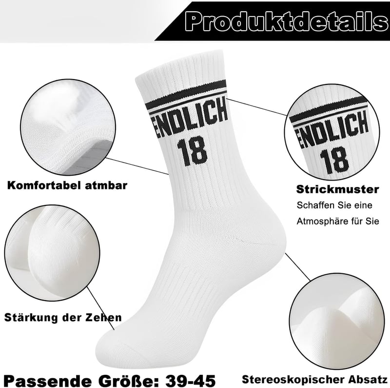18. Geburtstag Socken für Jungen, Größe 39-45, Tennissocken