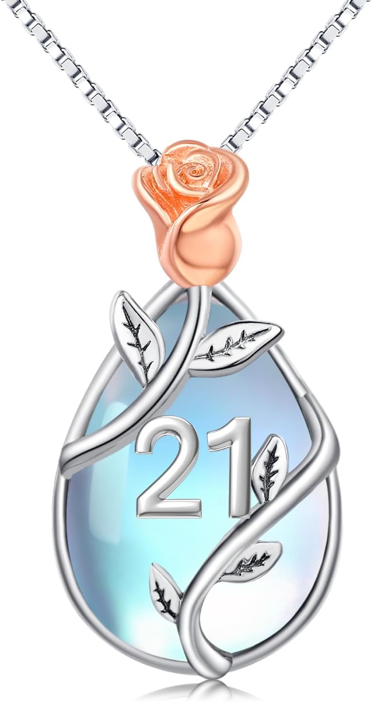 21. Geburtstag Halskette mit Mondstein und Rose aus 925 Sterling Silber für Frauen