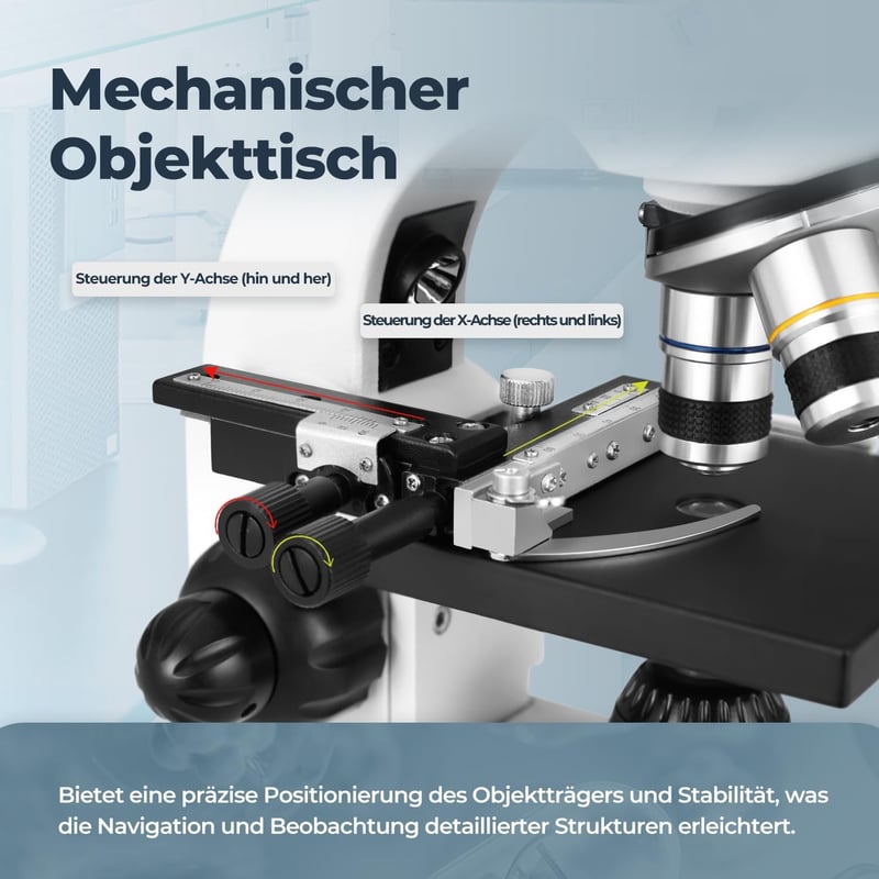 Mikroskop für Kinder und Erwachsene mit mechanischem Objekttisch und Telefonadapter