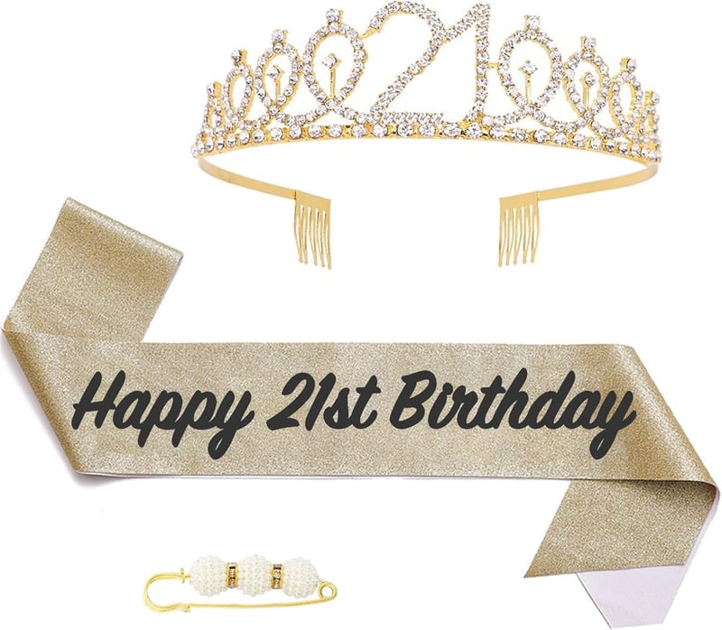 21. Geburtstag Krone und Schärpe für Frauen, goldfarbene Tiara