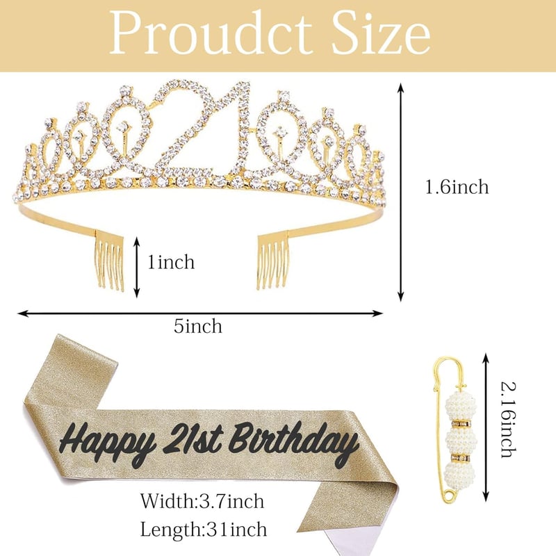 21. Geburtstag Krone und Schärpe für Frauen, goldfarbene Tiara