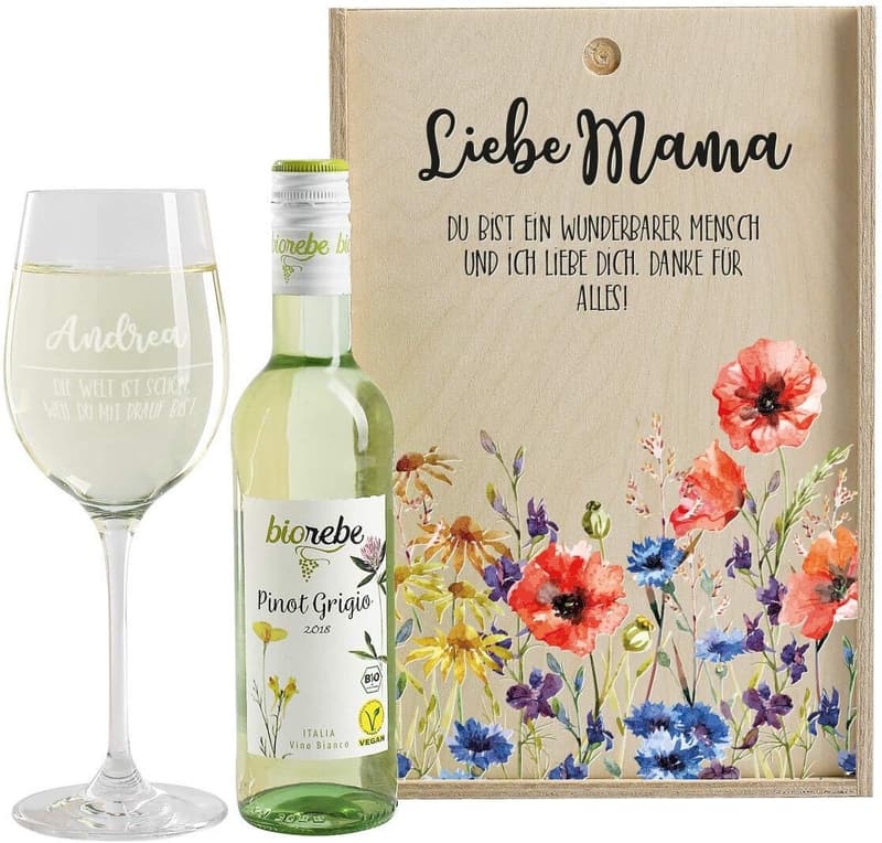 Muttertagswein mit graviertem Glas in Weinkiste, Geschenk für Mama