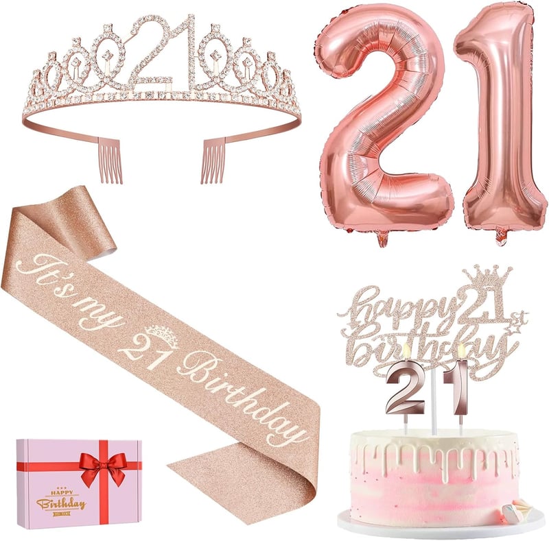 21. Geburtstag Deko-Set: Krone, Schärpe, Kerzen & Ballons in Roségold