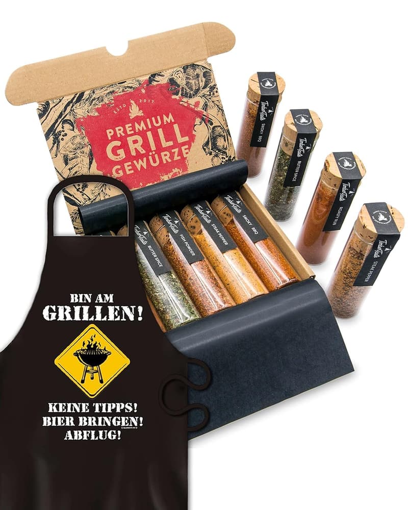 Grillgeschenkset mit 5 Gewürzen und Schürze für Männer