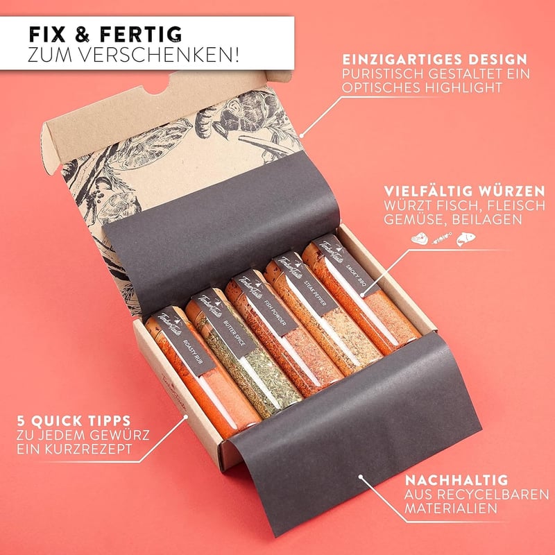 Grillgeschenkset mit 5 Gewürzen und Schürze für Männer