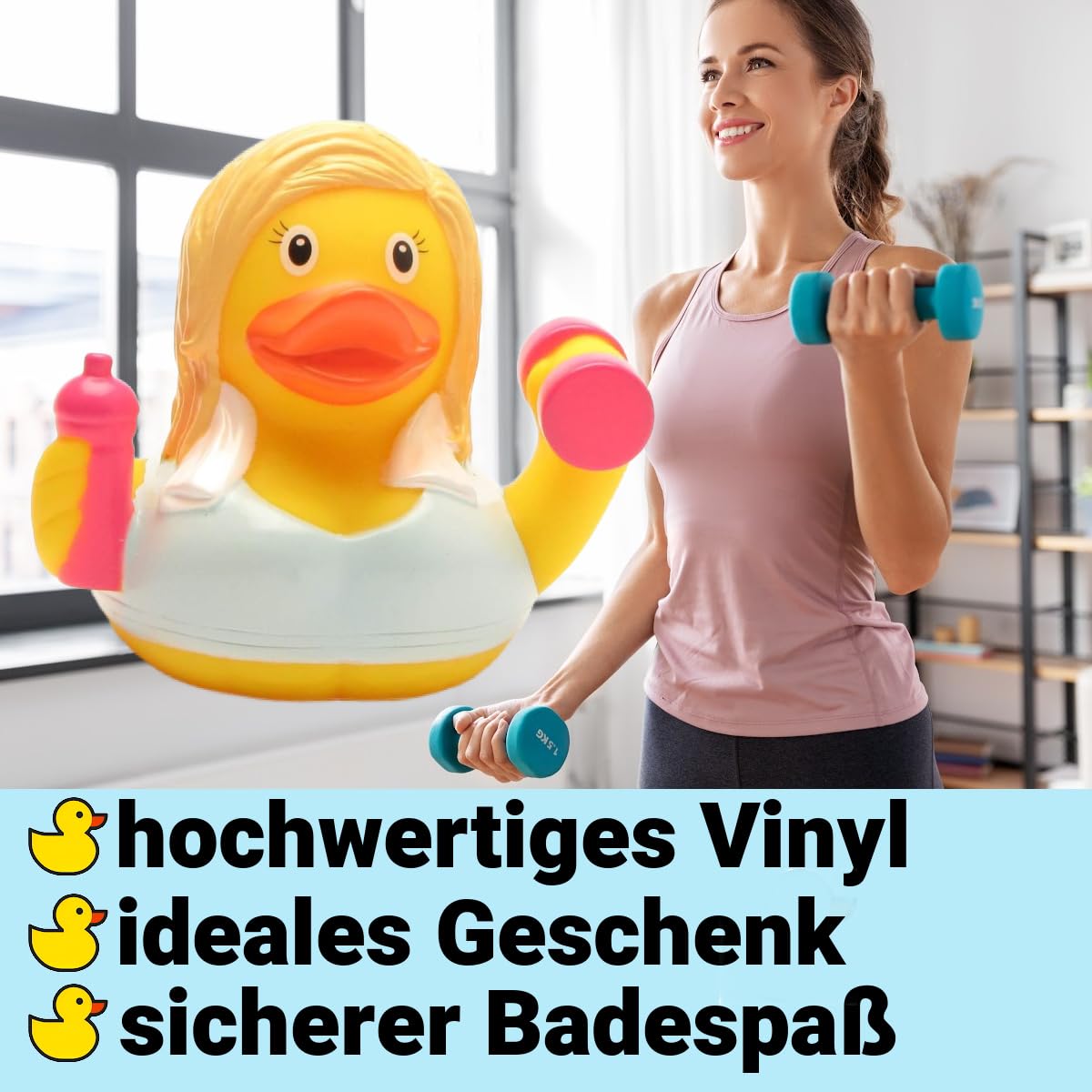 Badeente Fitness Girl mit Quietscheentchen-Schlüsselanhänger für Sportler