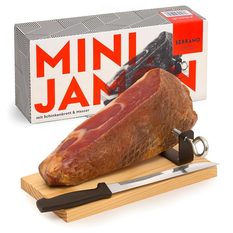 MINI-JAMON SERRANO Geschenkset mit Holzständer und Schinkenmesser